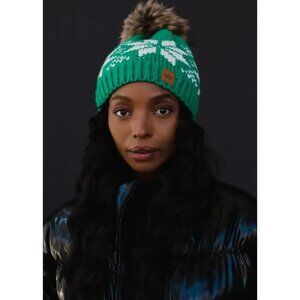 ($15) Pom Pom Hat - Green & White Snowflakes